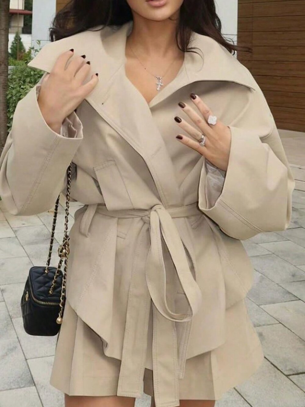 Khaki Casual Women's Elegant Street Style Trench Coat - Picture 4 of 9